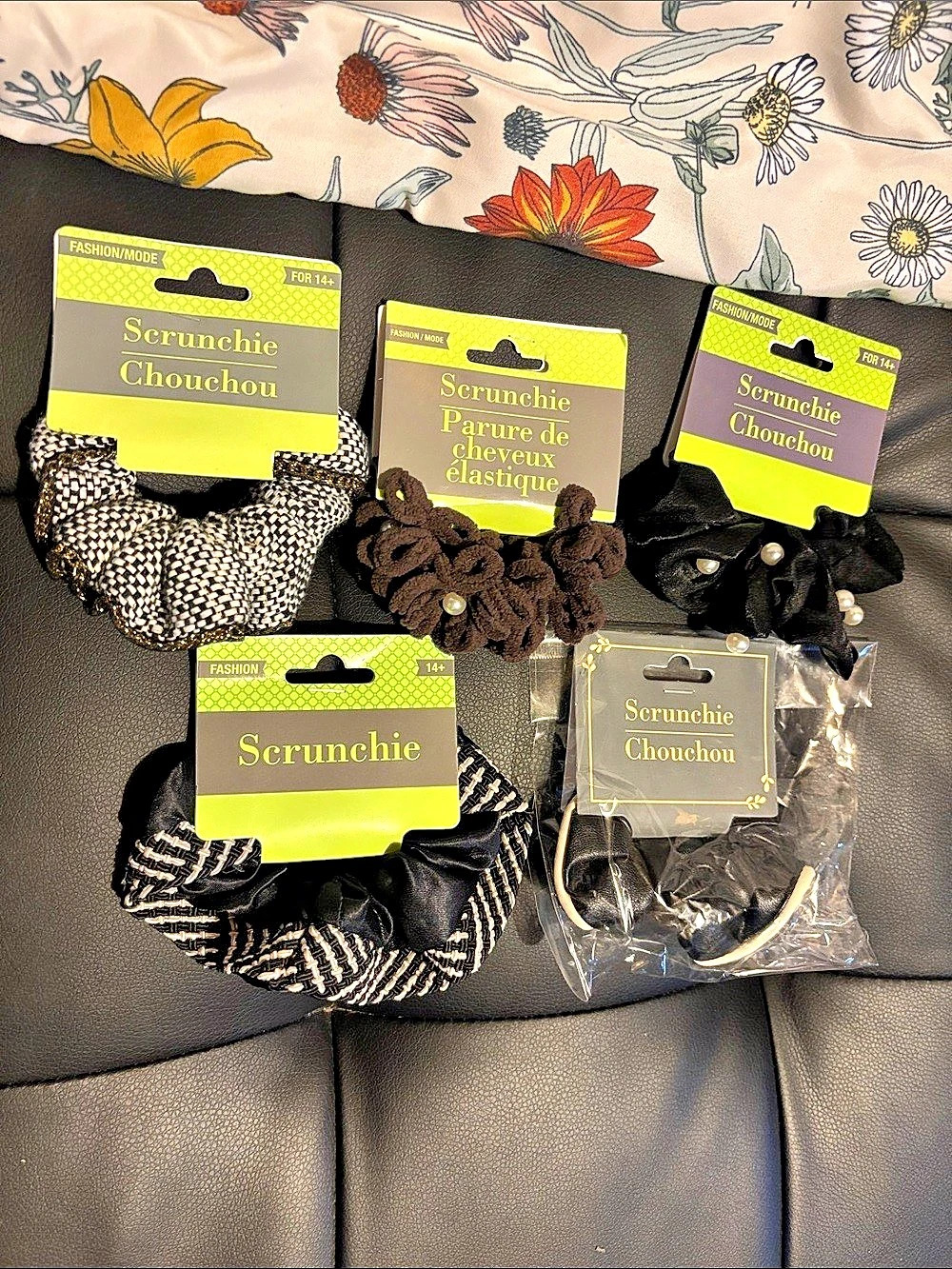 NEW Scrunchie Lot 5pc Black Brown Pearl Metallic Textured Hair Ties